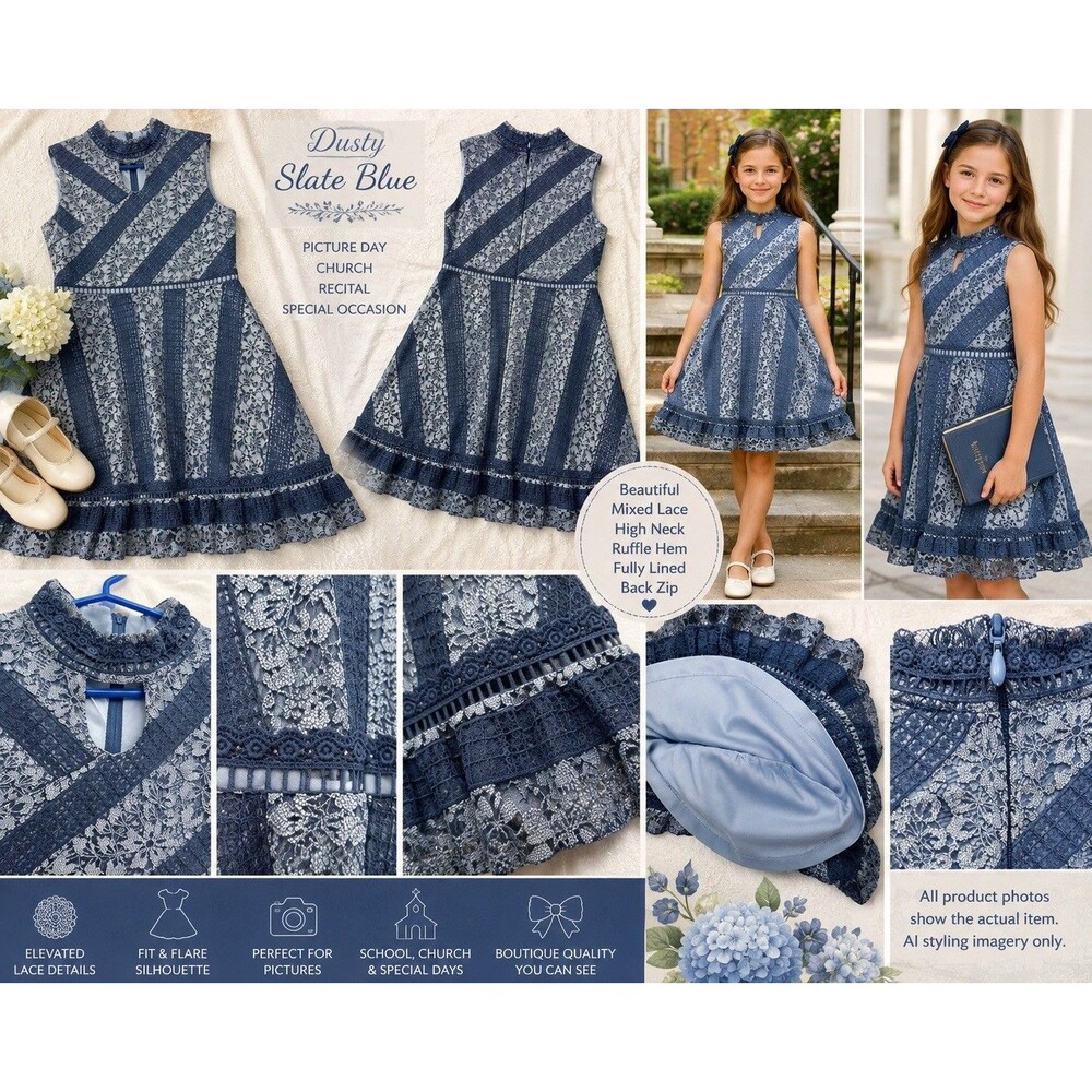 Girls Dusty Blue Mixed Lace Fit & Flare Dress High Neck Ruffle Hem